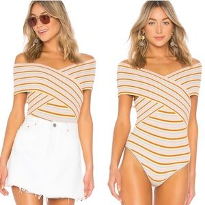 Lovers + Friends “Gina” Ribbed Crossover Off the Shoulders Bodysuit (T)